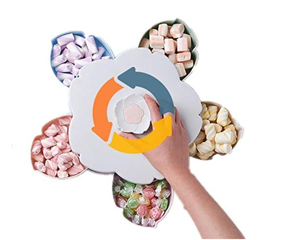 Better Look Flower Petal Fruit Plate Candy Storage Box 5 Grids Changeable Dry Fruit Nuts Snack Tray Rotating Organizer Accessories Tools